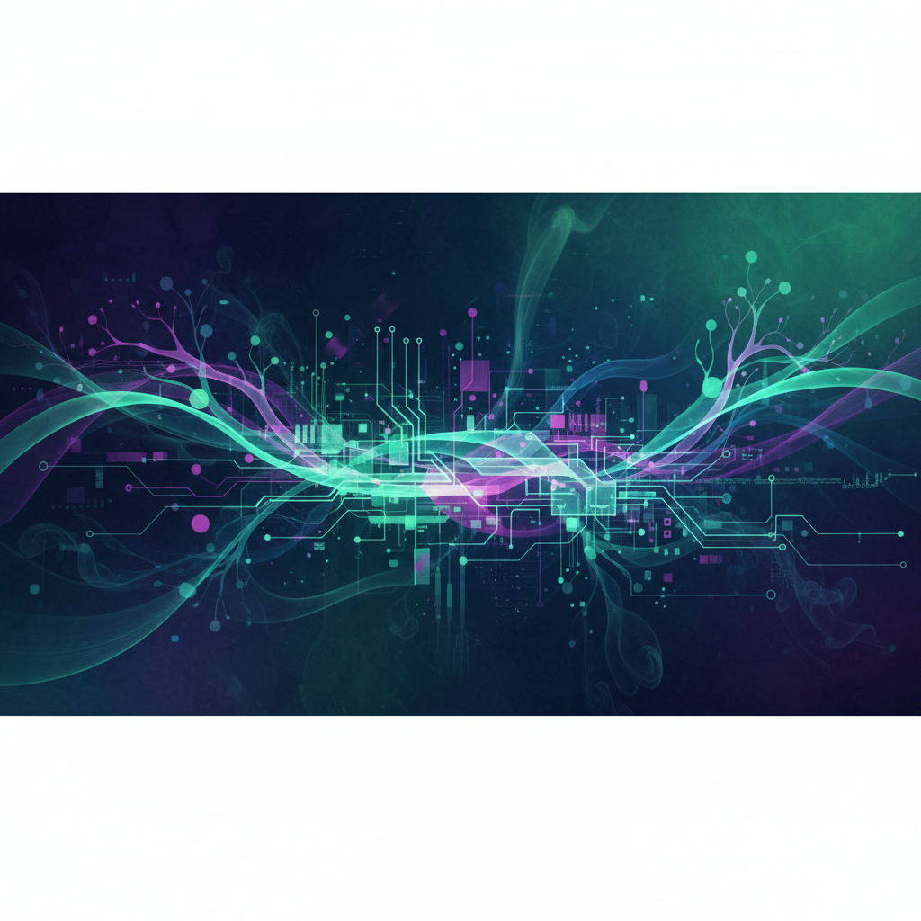 Un insieme astratto di elementi tecnologici e forme organiche che si fondono, con tonalità di blu, verde e viola in un ambiente moderno e dinamico, simboleggiando l'innovazione che "respira" nel marketing digitale.