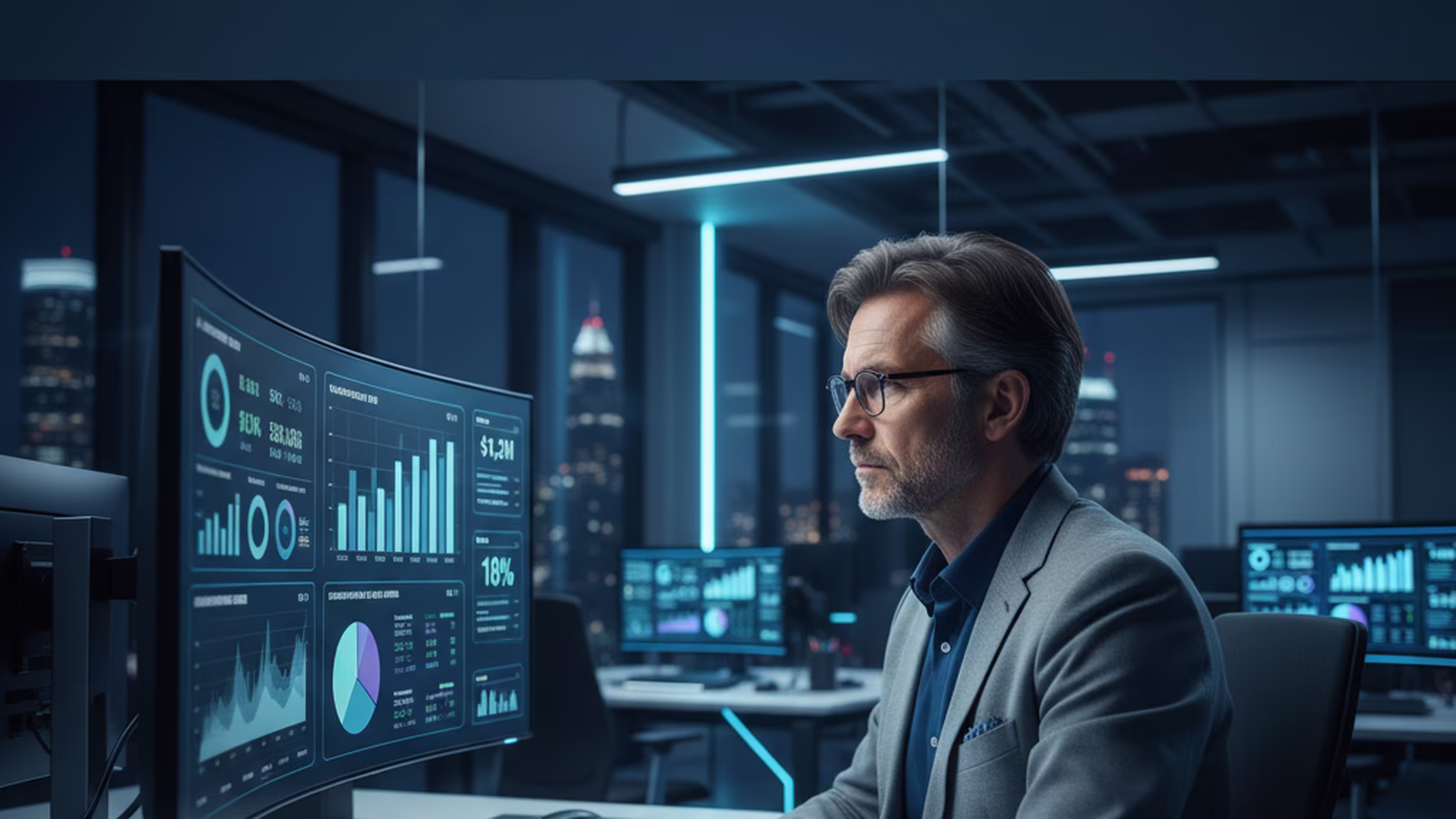Controlli AI agenzie media Professionista del marketing che analizza dashboard e grafici relativi alla spesa AI in una campagna pubblicitaria digitale, con un'interfaccia utente moderna e indicatori di controllo.