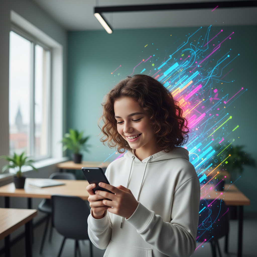 Un giovane di circa 13 anni, sorridente, tiene in mano uno smartphone e osserva lo schermo in un ambiente luminoso, con elementi grafici astratti e colorati che richiamano la connettività digitale.