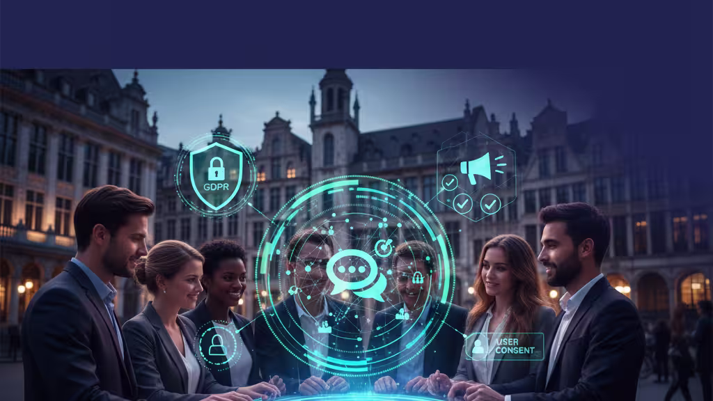 ChatGPT e la pubblicità in Europa Immagine concettuale che rappresenta l'intersezione tra intelligenza artificiale, privacy dei dati e pubblicità nel contesto europeo.