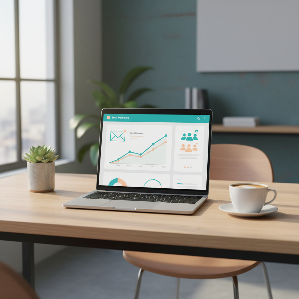 Un computer portatile su un tavolo con un'interfaccia di email marketing aperta e frecce che indicano crescita delle vendite e fidelizzazione del cliente, in un ambiente di ufficio moderno con colori caldi e luminosi