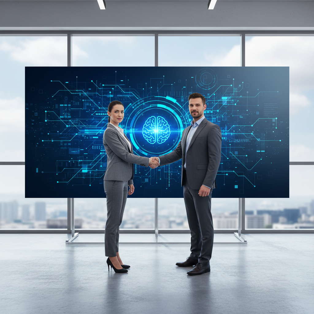 Due manager, un uomo e una donna, si scambiano una stretta di mano davanti a uno schermo che mostra grafici e simboli digitali, in un ufficio moderno e luminoso