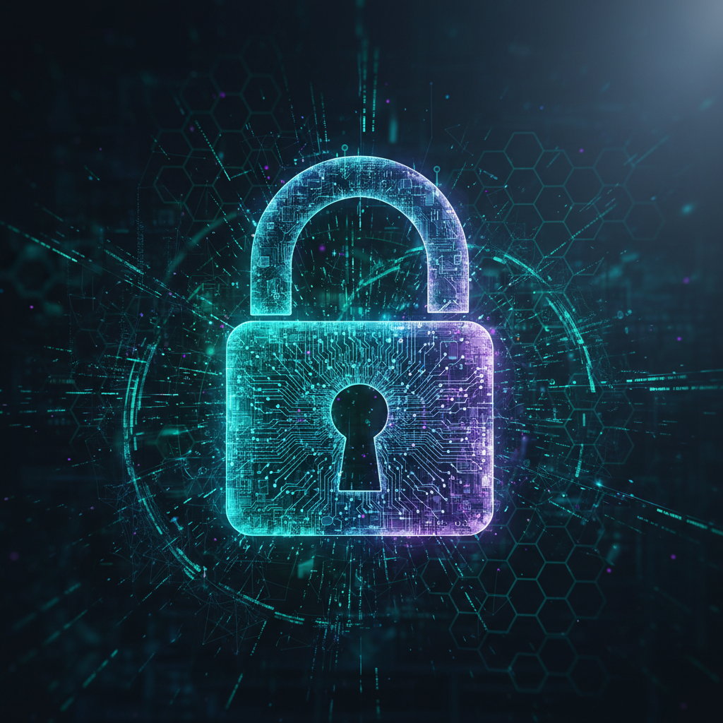 Immagine astratta che rappresenta la sicurezza informatica e l'intelligenza artificiale. Un lucchetto stilizzato emerge da una rete di nodi luminosi, con alcune linee di codice che fluttuano attorno, suggerendo un ambiente digitale complesso e potenzialmente vulnerabile.