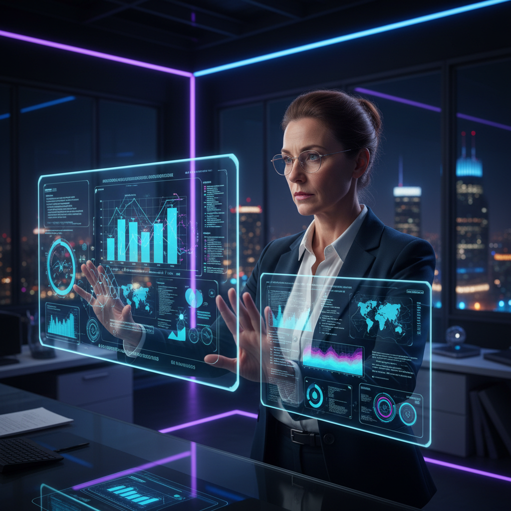 Marketing AI al Global Summit Un direttore marketing futuristico interagisce con schermi olografici che mostrano grafici e testi generati dall'intelligenza artificiale, in un ambiente ufficio moderno