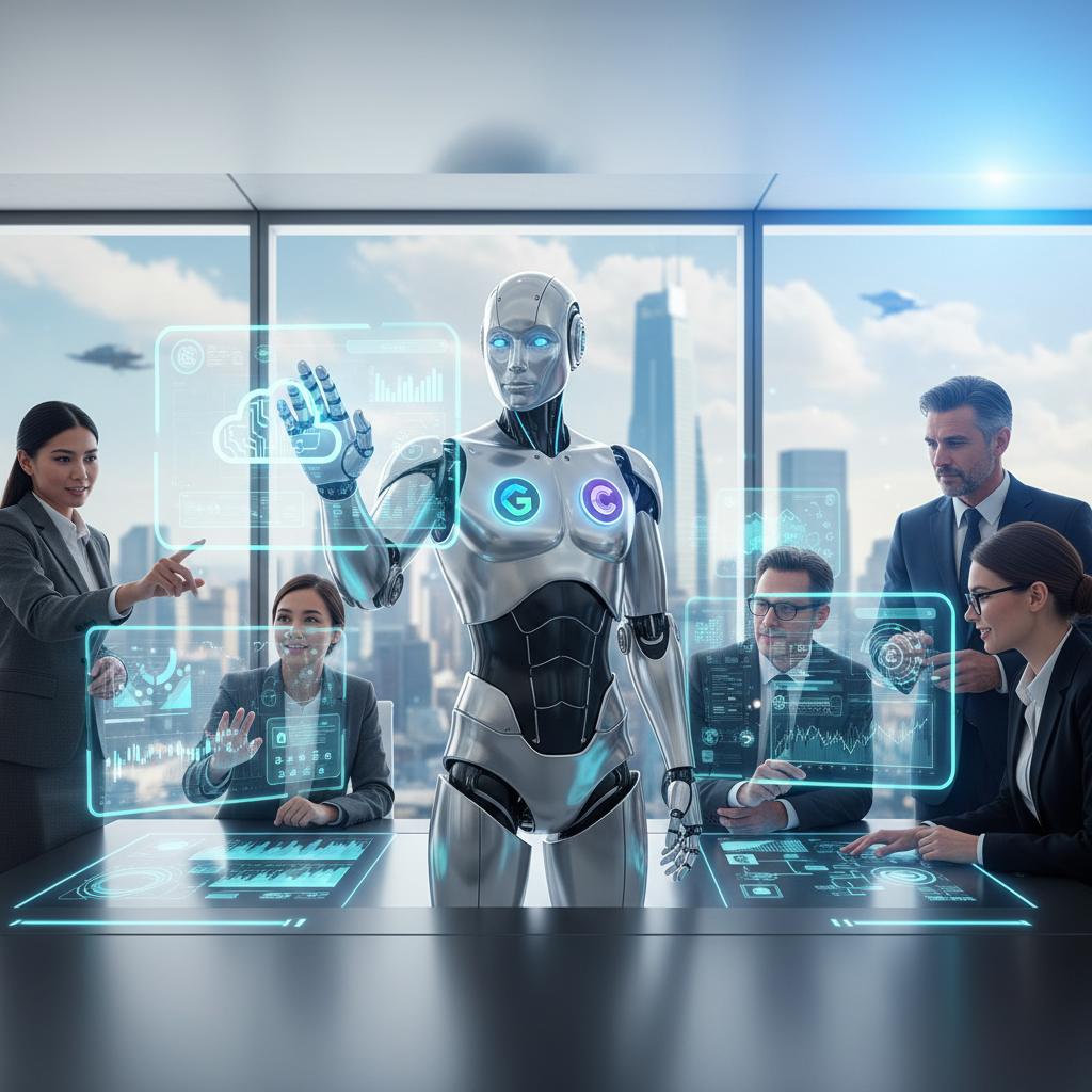 Un robot antropomorfo con icone di diverse piattaforme AI sul petto, in un ufficio moderno con persone che interagiscono con schermi olografici