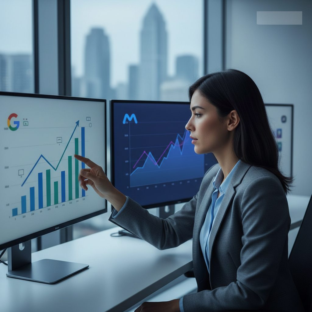Un professionista del marketing esamina grafici su schermi digitali che mostrano i loghi di Google Ads e Meta Ads, in un ufficio moderno.
