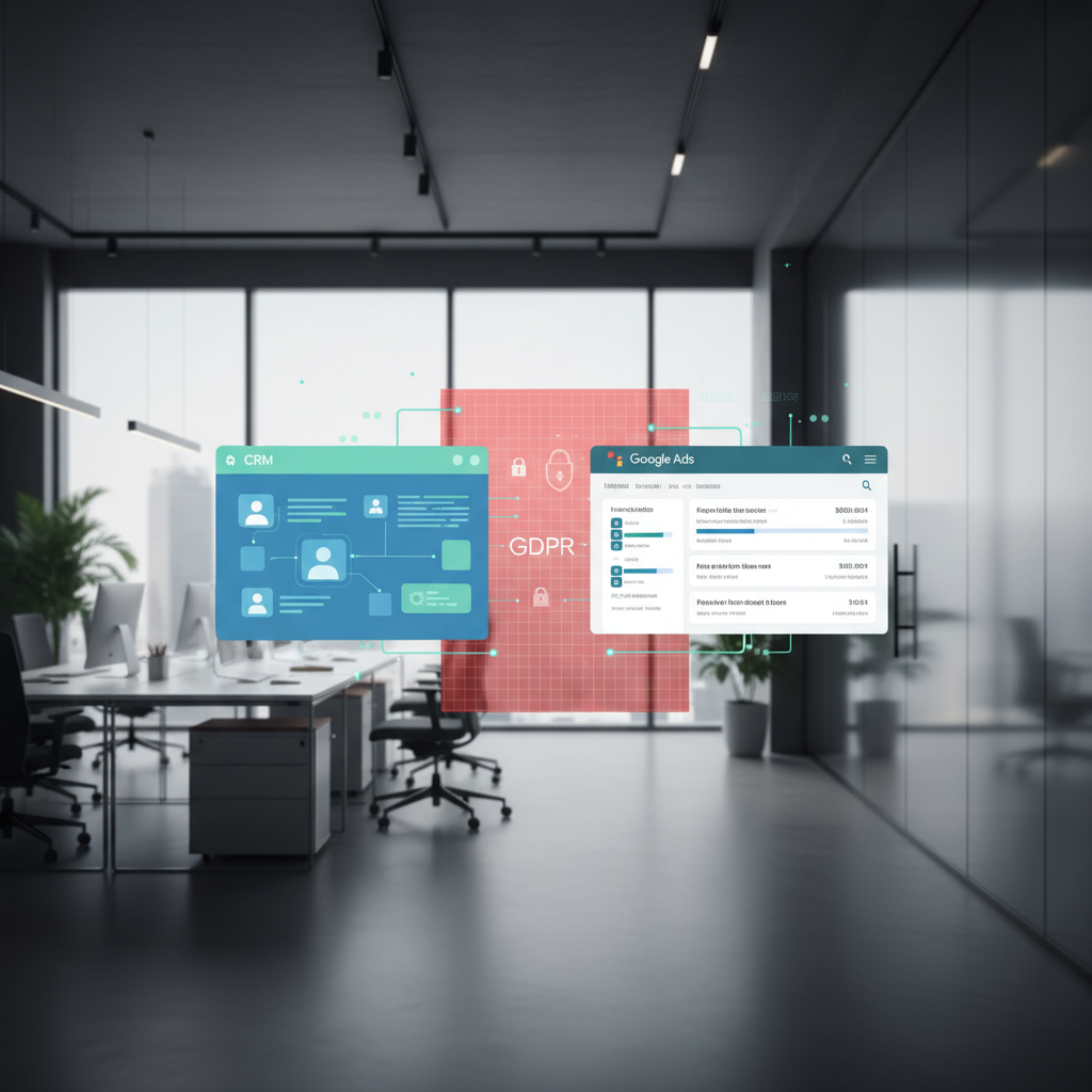 Grafico che mostra la connessione tra sistemi CRM e la piattaforma Google Ads, con un 'muro' stilizzato rappresentante il GDPR