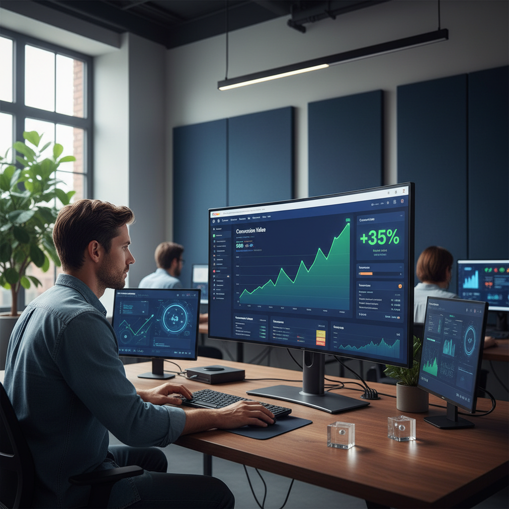 Un display che mostra grafici di analisi dati di Google Ads con un trend in crescita e frecce verdi che indicano un aumento di valore e profitto. Sullo sfondo, un professionista osserva lo schermo in un ufficio moderno e ben illuminato.