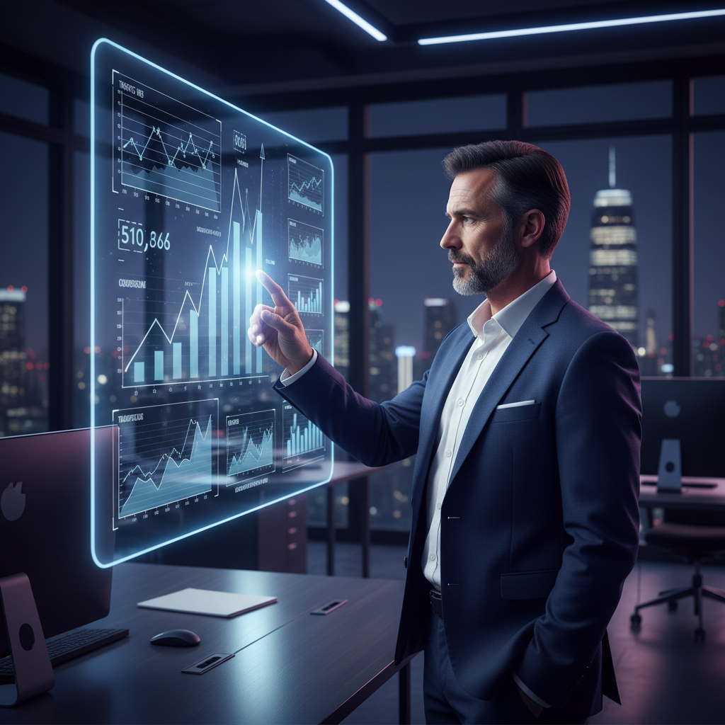 Uomo d'affari in giacca e cravatta, con uno schermo trasparente davanti a lui che mostra grafici e dati di marketing digitale. L'uomo indica un elemento sul display con un gesto della mano, evidenziando analisi e ottimizzazione. Lo sfondo è un ufficio moderno con sfumature di blu e viola.