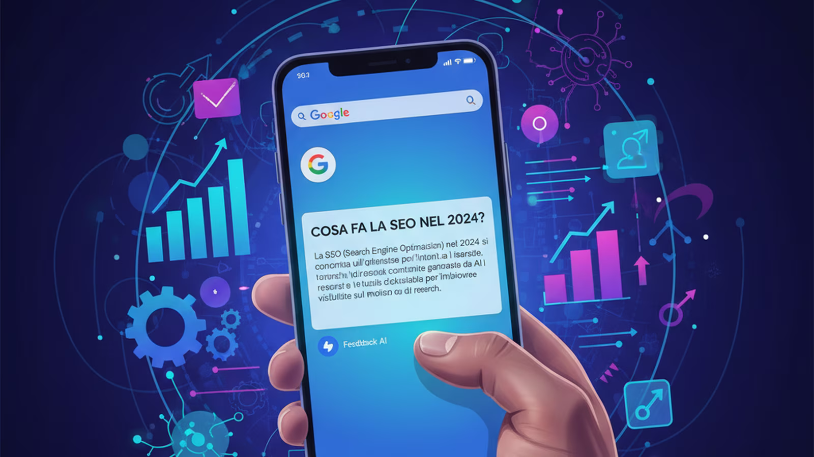 Una mano che tiene uno smartphone con la schermata di Google, che mostra una risposta diretta generata da AI in evidenza, con grafici di crescita e simboli SEO sullo sfondo in tonalità blu e viola.