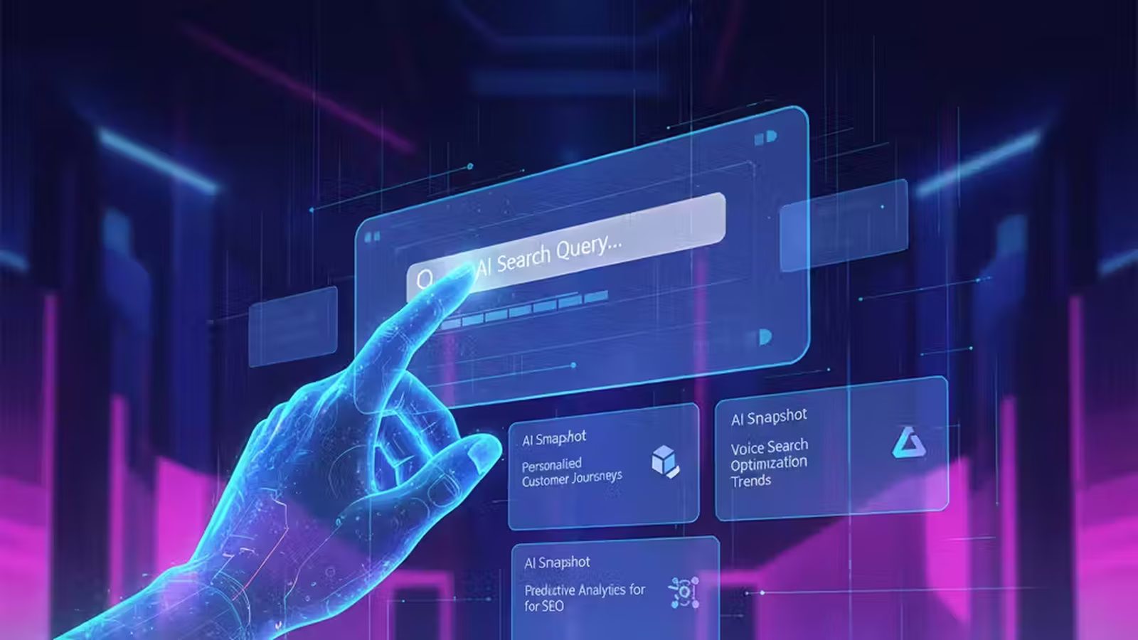 Una mano virtuale in stile olografico interagisce con un'interfaccia di ricerca futuristica che mostra risultati generati dall'intelligenza artificiale, con loghi di brand sfocati sullo sfondo. I colori sono blu e viola dominanti.