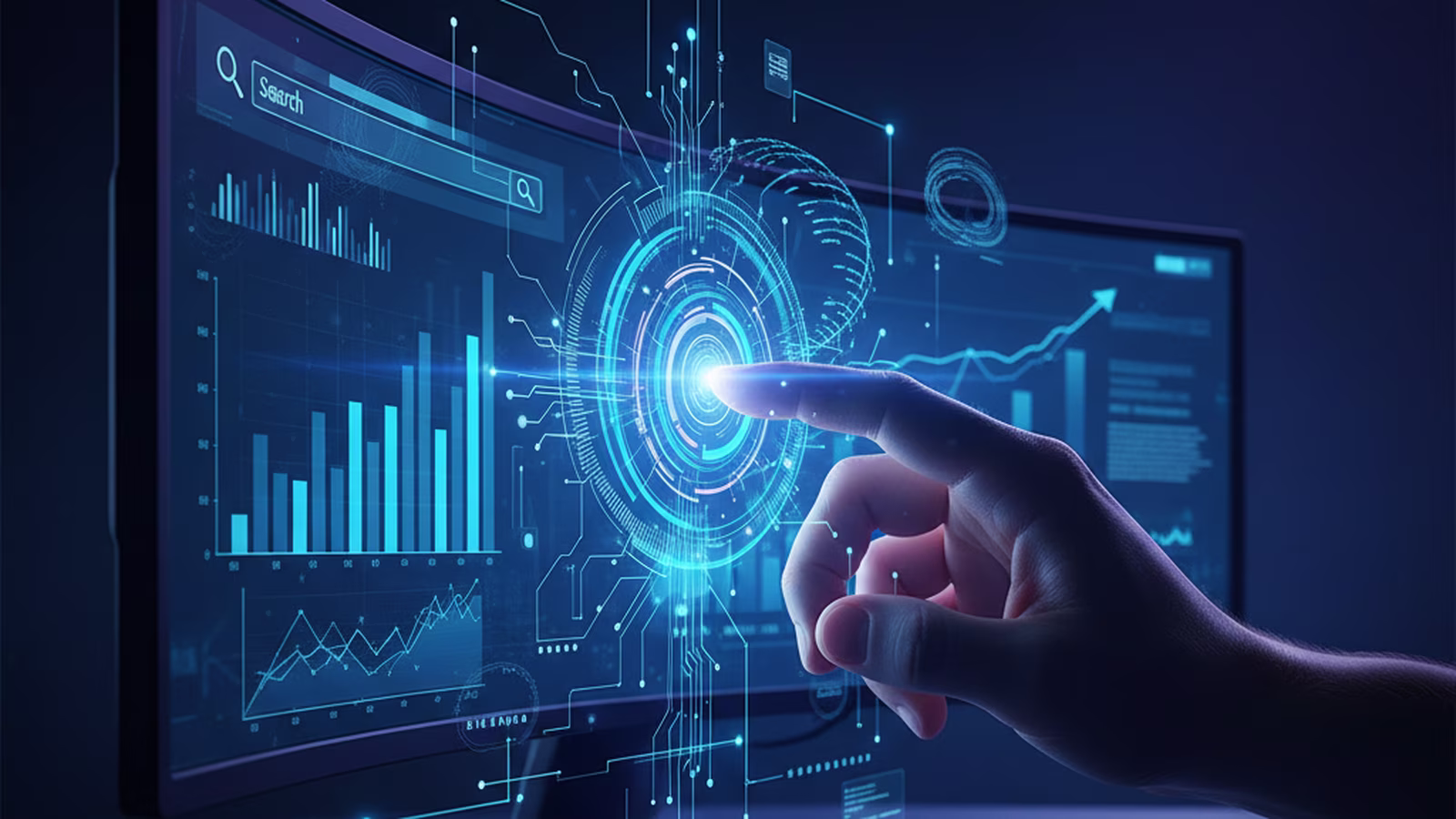 Una mano umana che tocca una serie di circuiti digitali stilizzati e brillanti, che rappresentano l'intelligenza artificiale, su uno sfondo blu scuro e sfocato.
