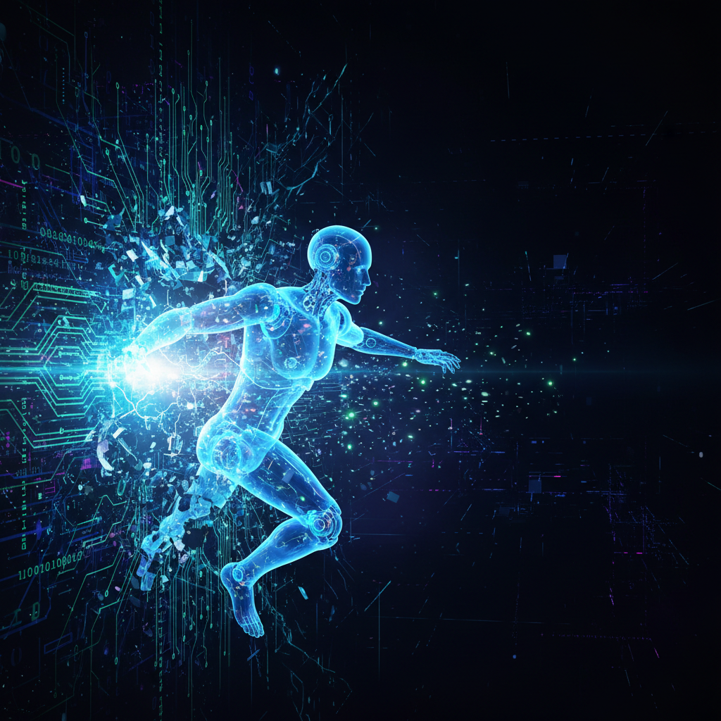 Un robot olografico trasparente che simboleggia l'intelligenza artificiale irrompe attraverso un firewall di sicurezza digitale, raffigurato come un muro di codice binario in blu e verde, con scintille e frammenti di dati che si disperdono nell'aria scura e cibernetica circostante.