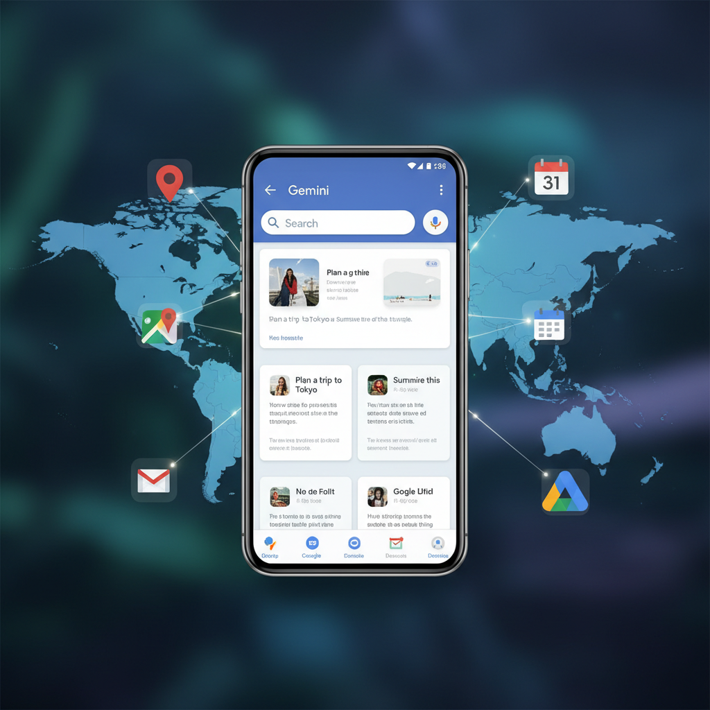 Interfaccia mobile che mostra Google Gemini con una mappa integrata e icone di app connesse