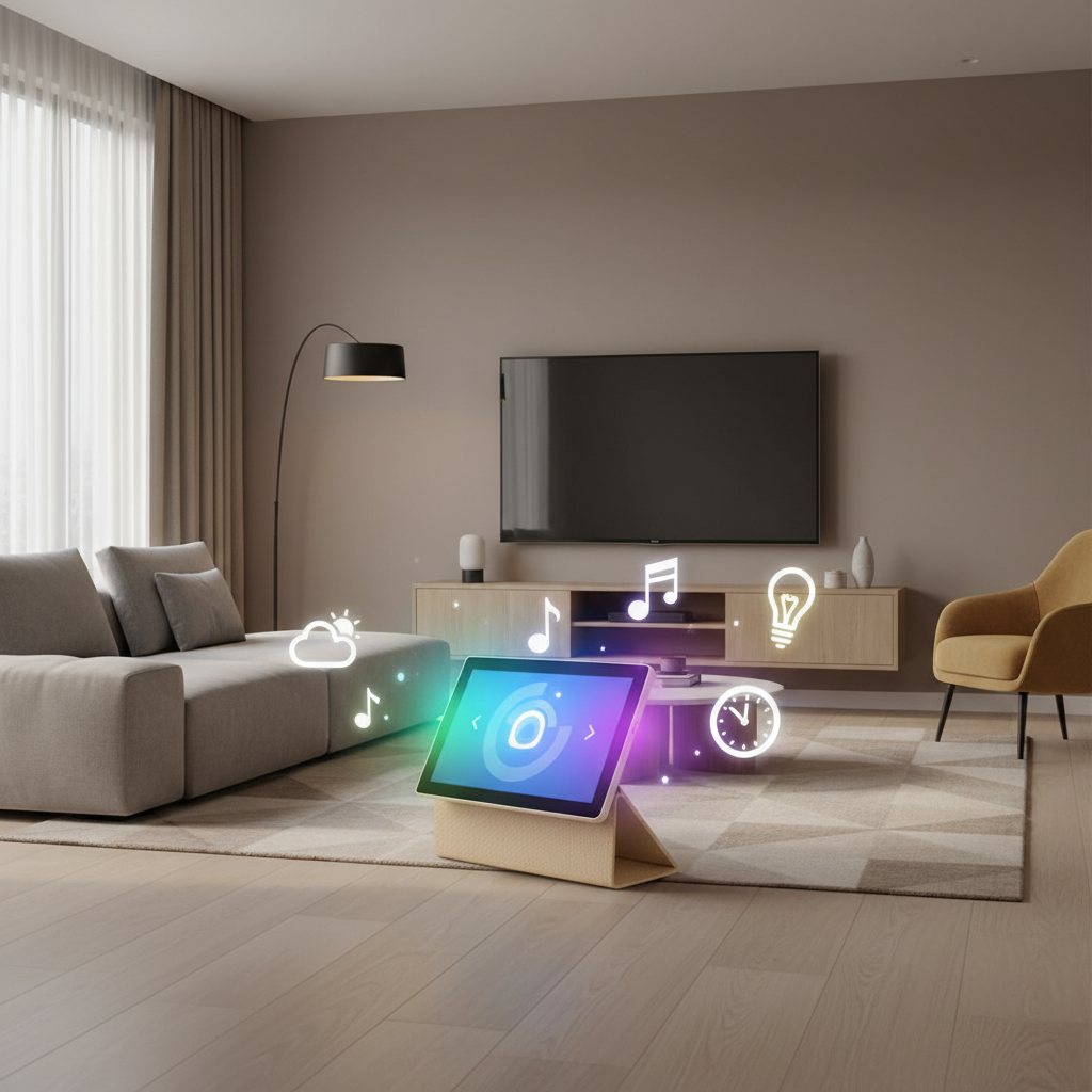 Un dispositivo Google Home che emette un alone luminoso blu, simbolo di un'interazione vocale, con elementi visivi che richiamano l'intelligenza artificiale e la casa connessa sullo sfondo.