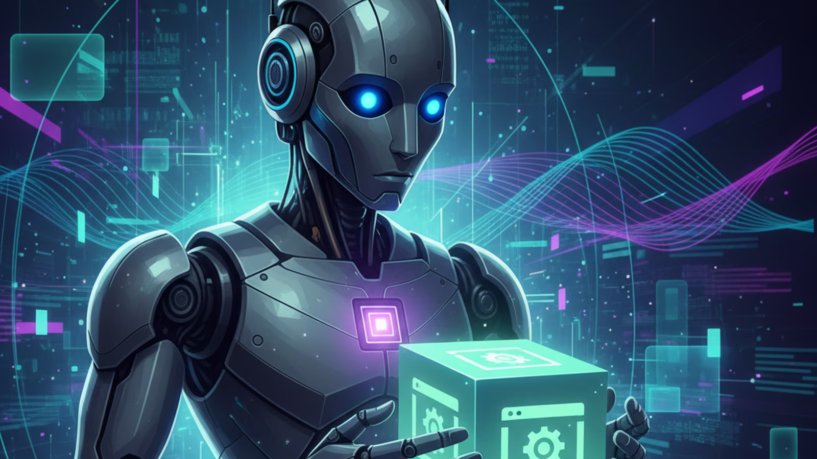 Un robot stilizzato con occhi luminosi, simboleggiante l'intelligenza artificiale, che tiene in mano un mattone con il logo di un CMS, in un ambiente digitale futuristico. Sullo sfondo, icone che richiamano l'ottimizzazione SEO e la ricerca online.
