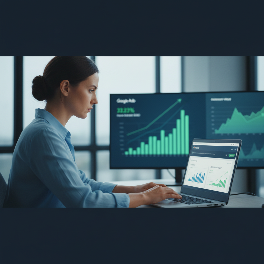 Un professionista del marketing digitale che configura un feed di dati dinamico su uno schermo di computer, con grafici di crescita del valore di conversione in sottofondo. Ambiente di ufficio moderno con toni blu e verde.