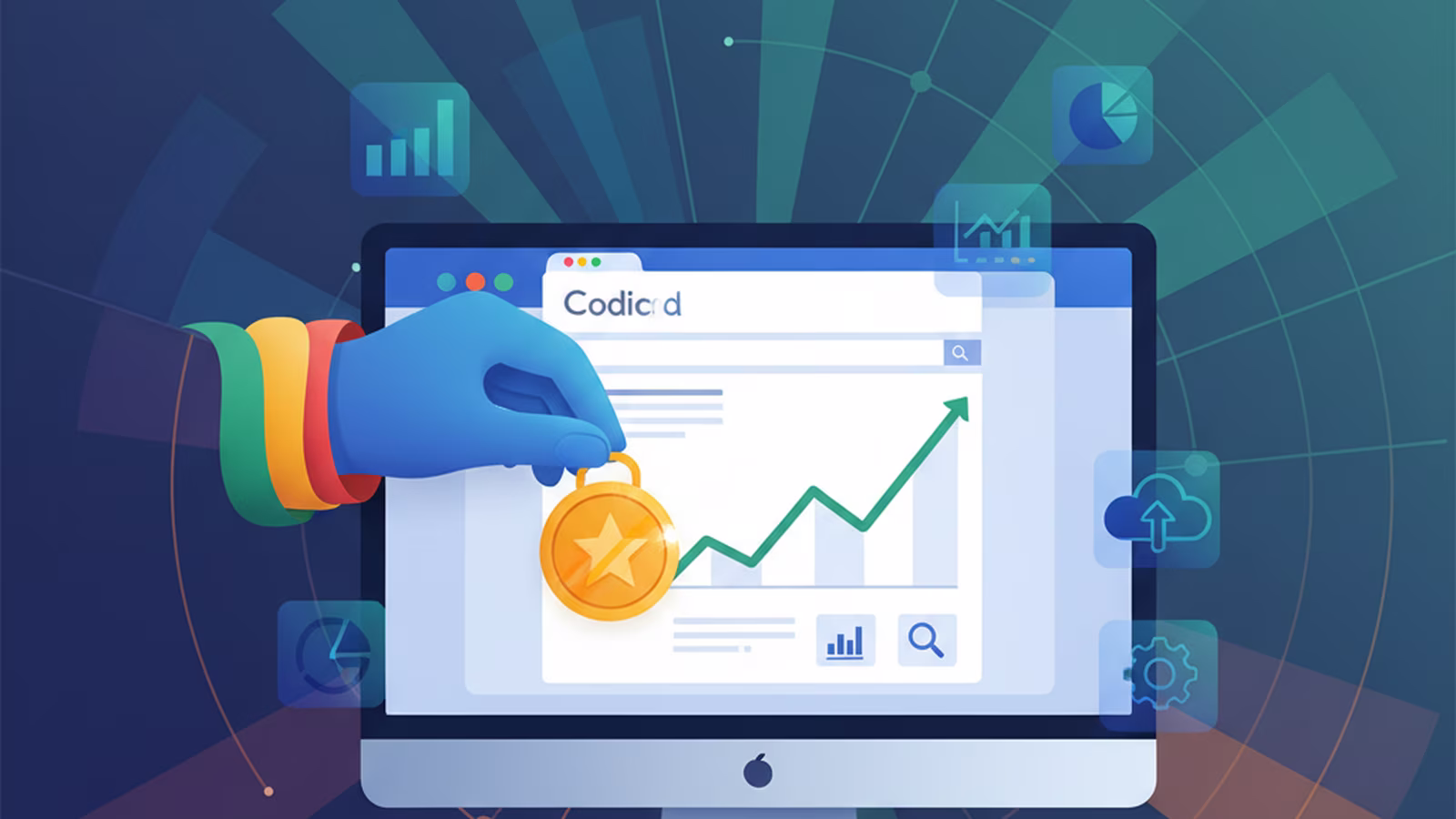 Immagine editoriale che mostra in primo piano una figura stilizzata di Google che 'premia' un sito web rappresentato da un grafico in crescita, con frecce che indicano il flusso di traffico organico. Il tutto è ambientato in un contesto digitale pulito e moderno, con elementi che suggeriscono analisi e ottimizzazione.