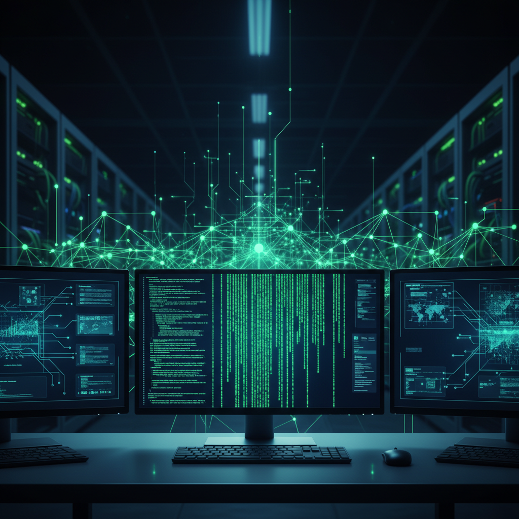 Vista ravvicinata di un display di un computer che mostra linee di codice in verde con un grafico ad albero sullo sfondo