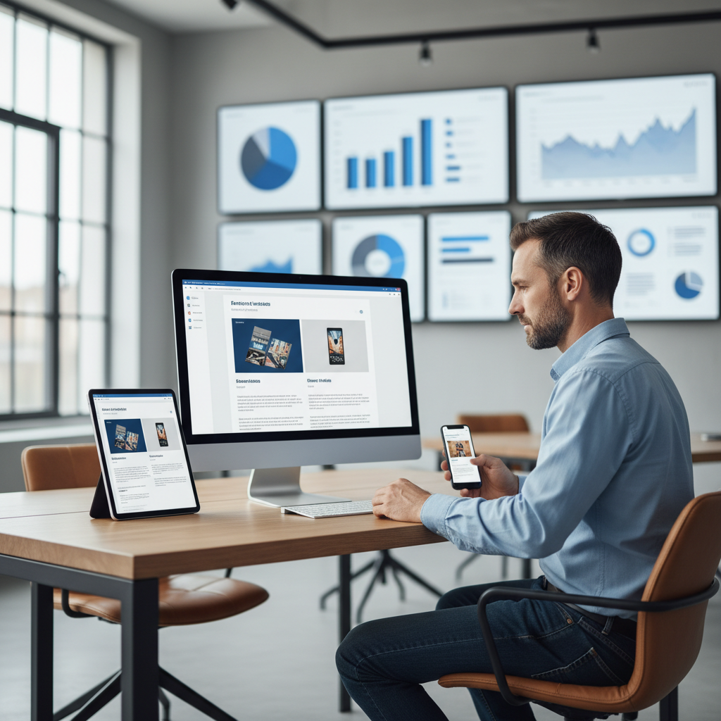 Un professionista del marketing digitale che osserva diverse anteprime di una campagna email su schermi di computer, tablet e smartphone, con grafici e dati sullo sfondo.
