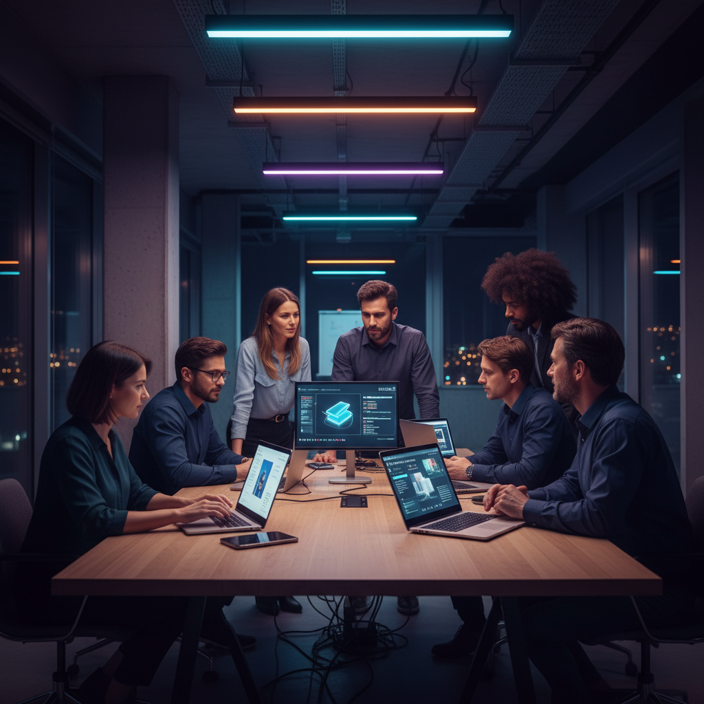AI Playground IAB Italia 2026 Un gruppo eterogeneo di professionisti del marketing lavora insieme attorno a un tavolo, con laptop aperti e schermi che mostrano interfacce di intelligenza artificiale generativa. L'ambiente è moderno e collaborativo, con toni blu e viola sullo sfondo.