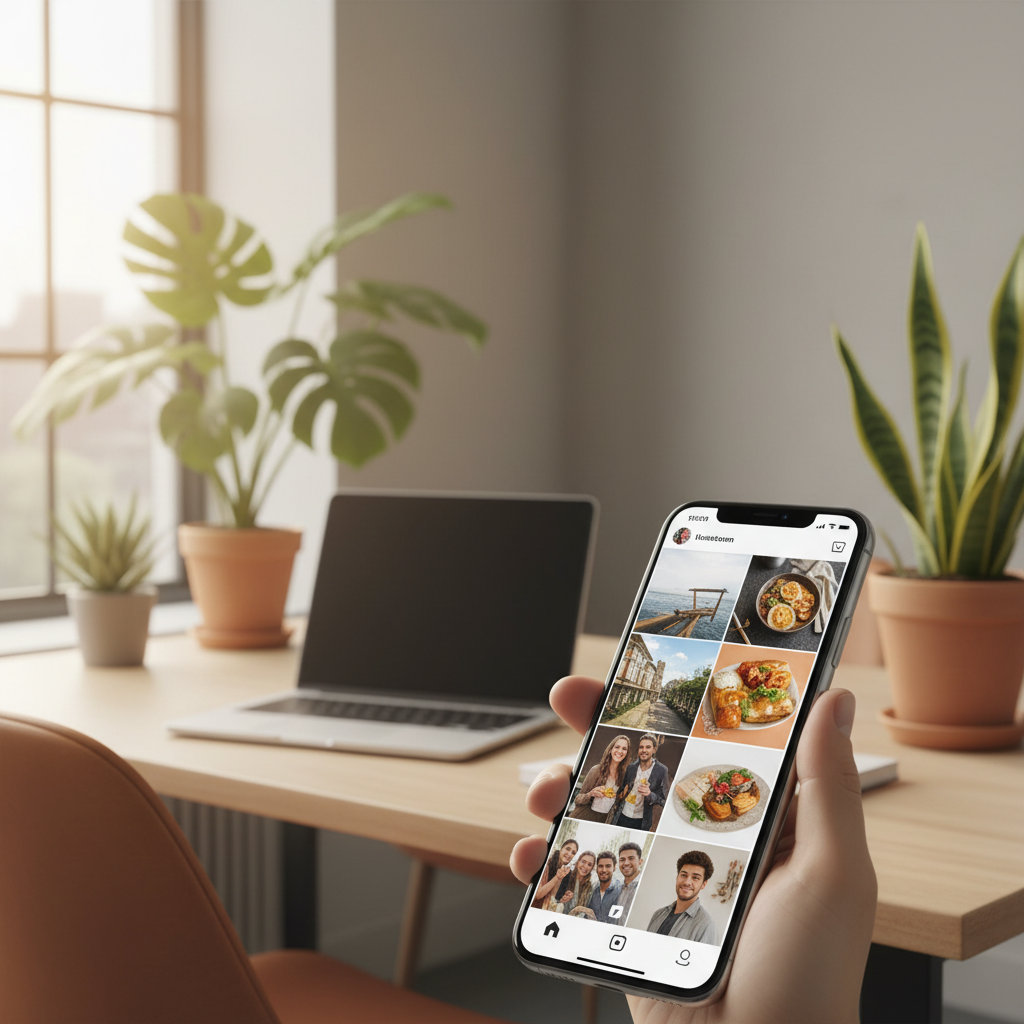 Smartphone con l'interfaccia di Instagram aperta, che mostra la griglia del profilo utente con alcuni post in evidenza e un'icona che suggerisce l'aggiunta di contenuti esterni taggati.