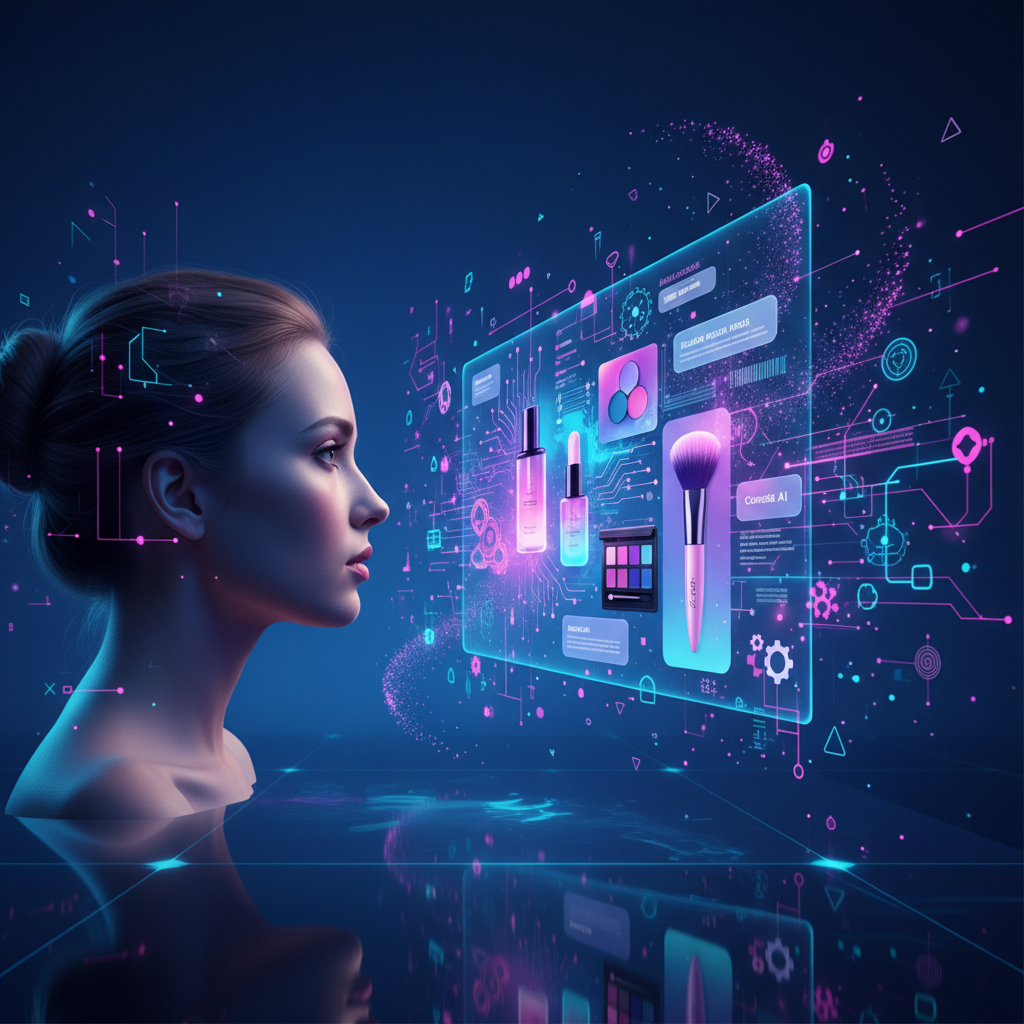 Una persona con smartphone in mano che naviga in un'app di bellezza virtuale, circondata da elementi digitali astratti che richiamano l'intelligenza artificiale e la personalizzazione. I colori predominanti sono rosa, viola e azzurro.