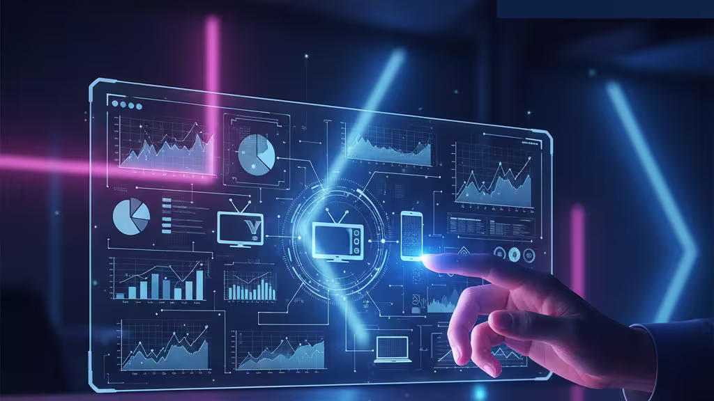 TV e digitale, un unico dato Un display futuristico trasparente mostra grafici e dati di marketing, con icone che rappresentano TV, smartphone e laptop, illuminato da luci blu e viola. Le dita di una persona puntano verso i dati.
