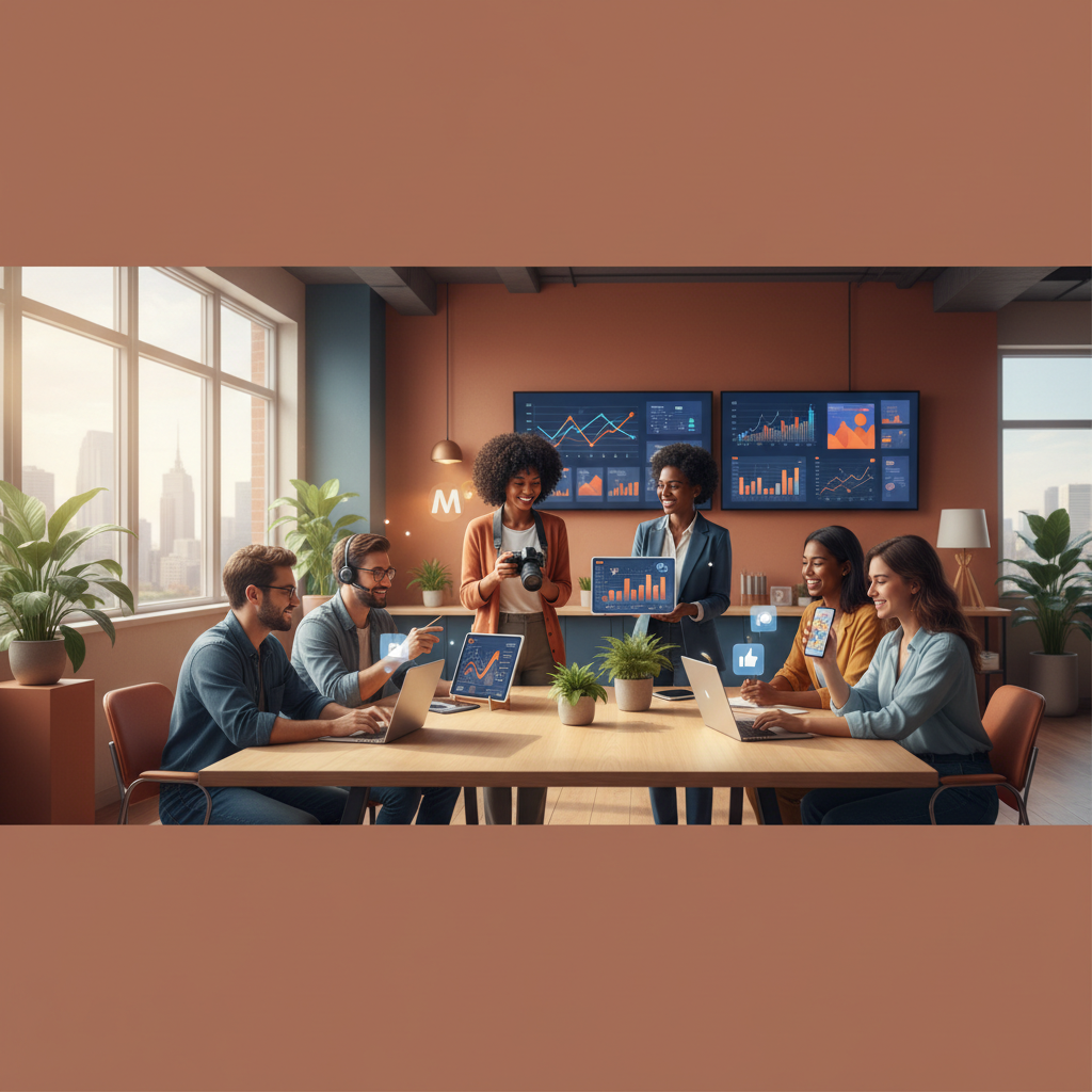 Un team di professionisti del marketing digitale sorridenti e diversificati, ognuno con un elemento che evoca la propria specializzazione, seduti attorno a un tavolo luminoso in un ufficio moderno e accogliente con piante verdi e schermi che mostrano grafici e progetti.