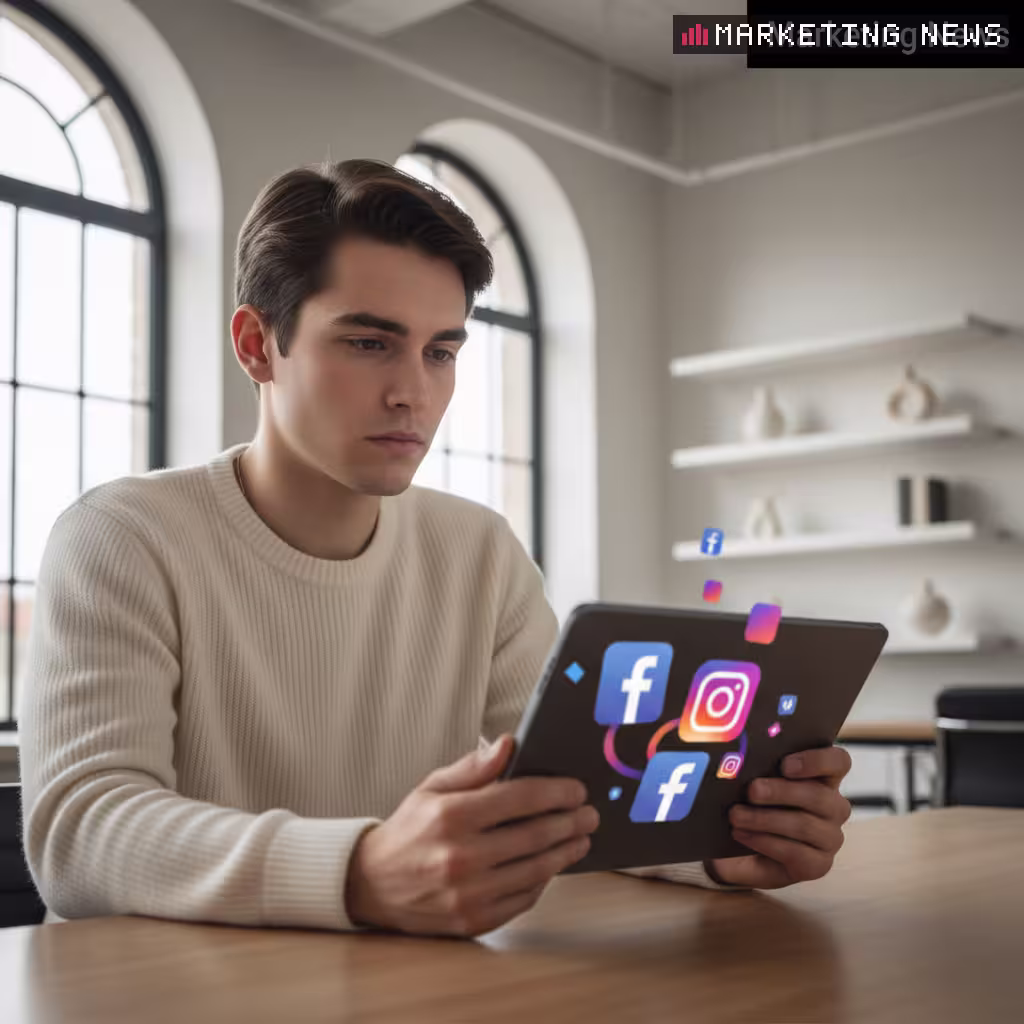Marketing cambia per giovani online Un giovane adulto con un tablet in mano, che osserva lo schermo in cui appaiono icone di social media sfocate, in un ambiente che suggerisce una riflessione sulle policy di età online.