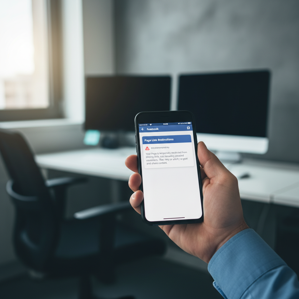 Un display di smartphone mostra l'interfaccia di Facebook con un popup di avviso che indica una limitazione sui link per le Pagine, in mano a un utente che scorre il feed.