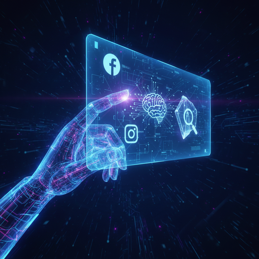 Una mano virtuale in tonalità blu e viola interagisce con una bacheca digitale che mostra icone di Meta e simboli di trasparenza e intelligenza artificiale