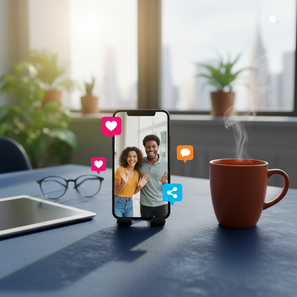 Schermi di smartphone che mostrano sequenze di microdrama verticali in un ambiente dinamico e colorato, con icone di social media che fluttuano.