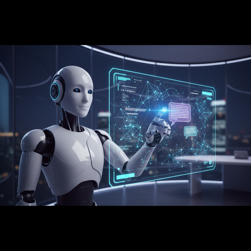 Un robot stilizzato con elementi di intelligenza artificiale che interagisce con un'interfaccia utente olografica, simbolo di assistenza clienti avanzata.