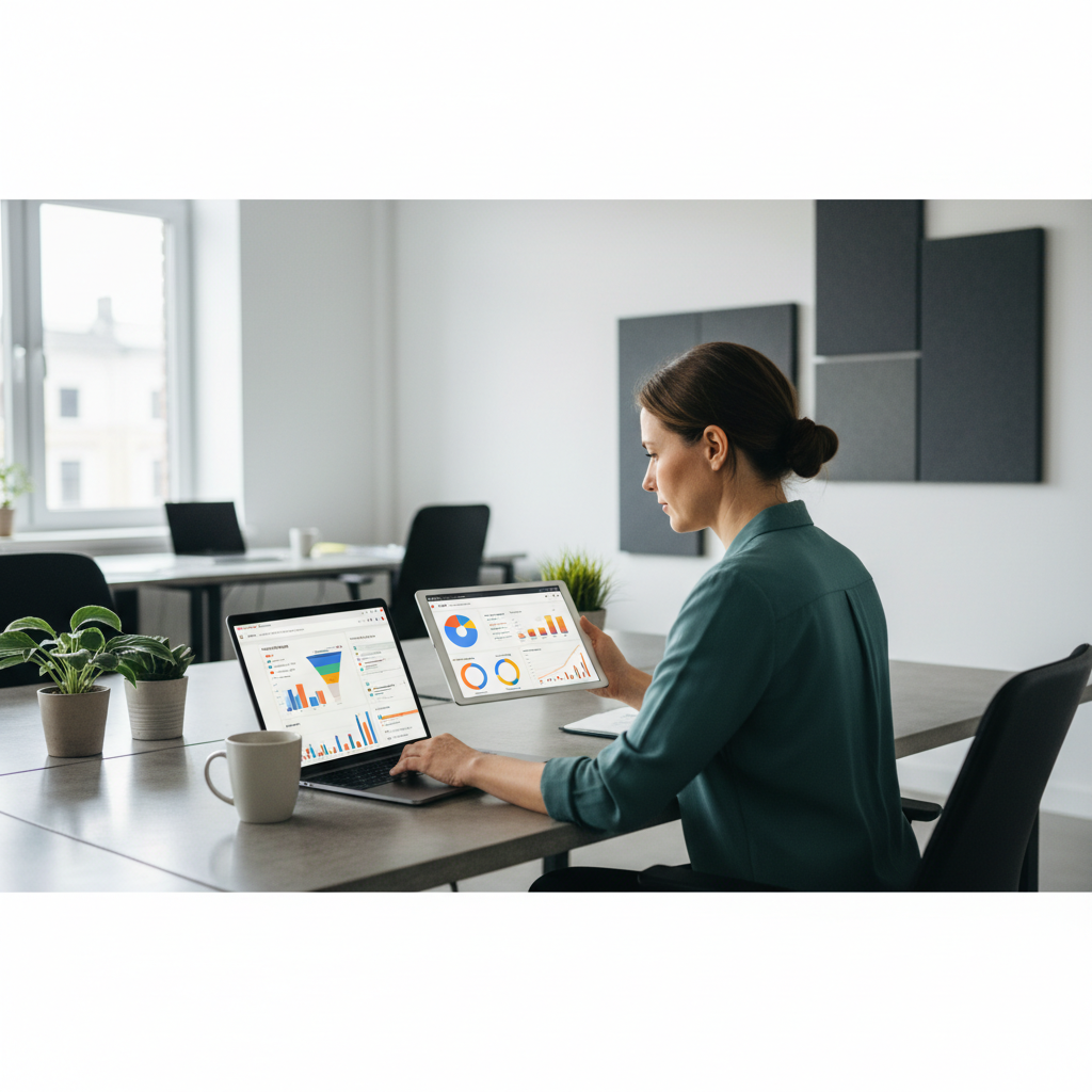 Un professionista del marketing seduto al suo ufficio con un tablet e un computer portatile, visualizzando grafici e dati di Google Ads. La scena è ben illuminata e riflette un ambiente moderno e professionale.