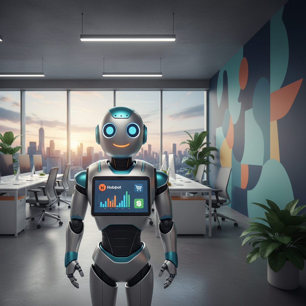 Un robot dalle sembianze amichevoli con uno schermo visualizzante statistiche di marketing e loghi di piattaforme pubblicitarie, in un ufficio moderno e luminoso. La palette è composta da blu, verde acqua e arancione.