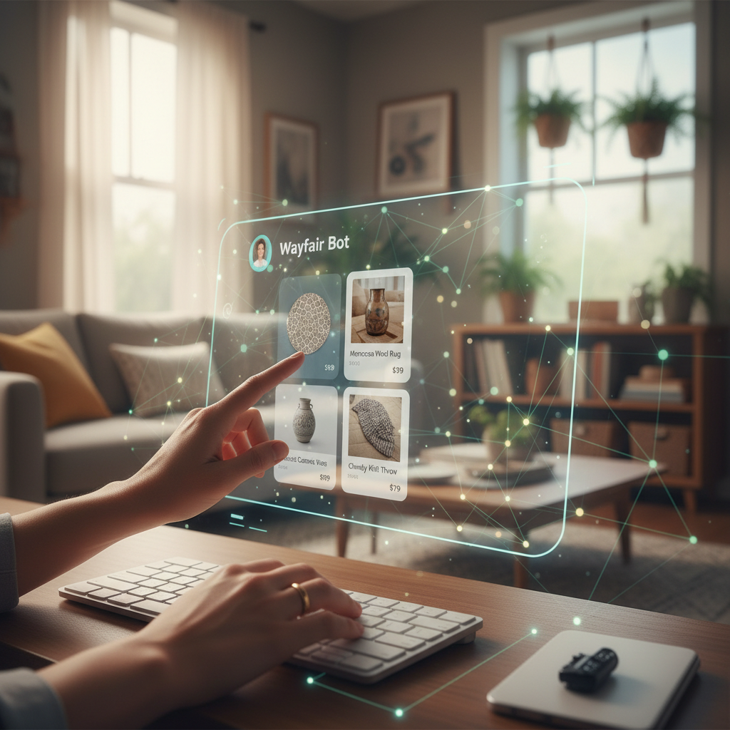 Un utente che interagisce con un'interfaccia di chatbot, mostrando suggerimenti di prodotti di arredamento di Wayfair visualizzati direttamente nella conversazione. Elementi grafici che suggeriscono IA e e-commerce si fondono, con colori caldi e toni moderni.