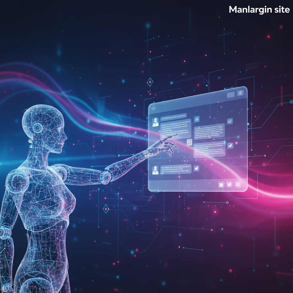 Un robot olografico trasparente che interagisce con un'interfaccia utente futuristica piena di finestre di chat e icone di brand. Lo sfondo è un ambiente digitale sofisticato con sfumature di blu e viola.