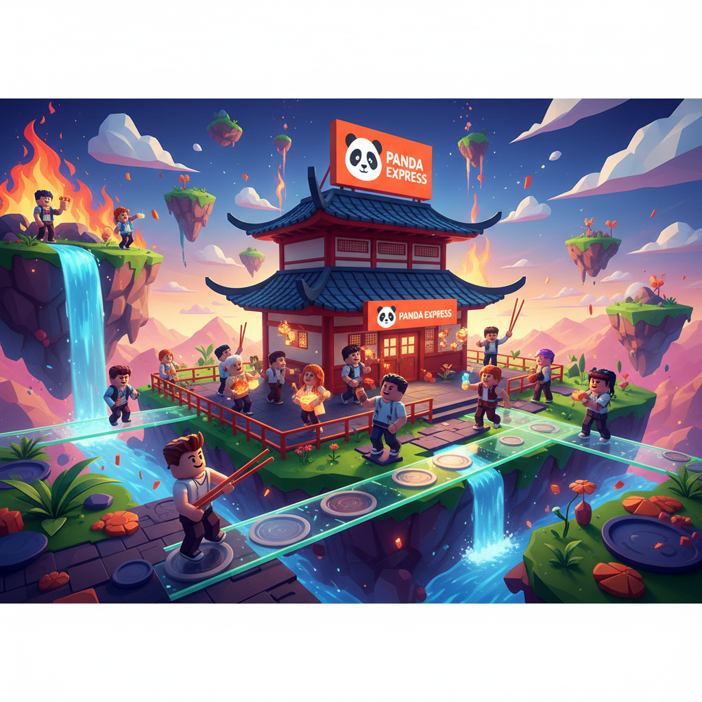 Un avatar che indossa abiti con il logo Panda Express all'interno di un ambiente di gioco stilizzato che ricorda Roblox e Fortnite, con elementi di ristorazione digitale.