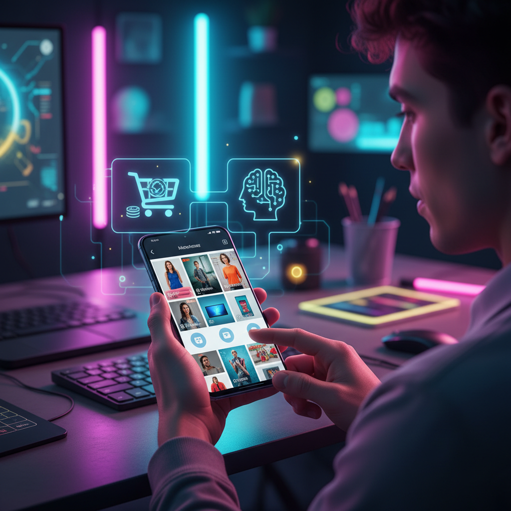 Una persona sta utilizzando un'applicazione su smartphone che mostra immagini di prodotti, con icone di shopping e intelligenza artificiale sovrapposte all'interfaccia. Colori vivaci e moderni.