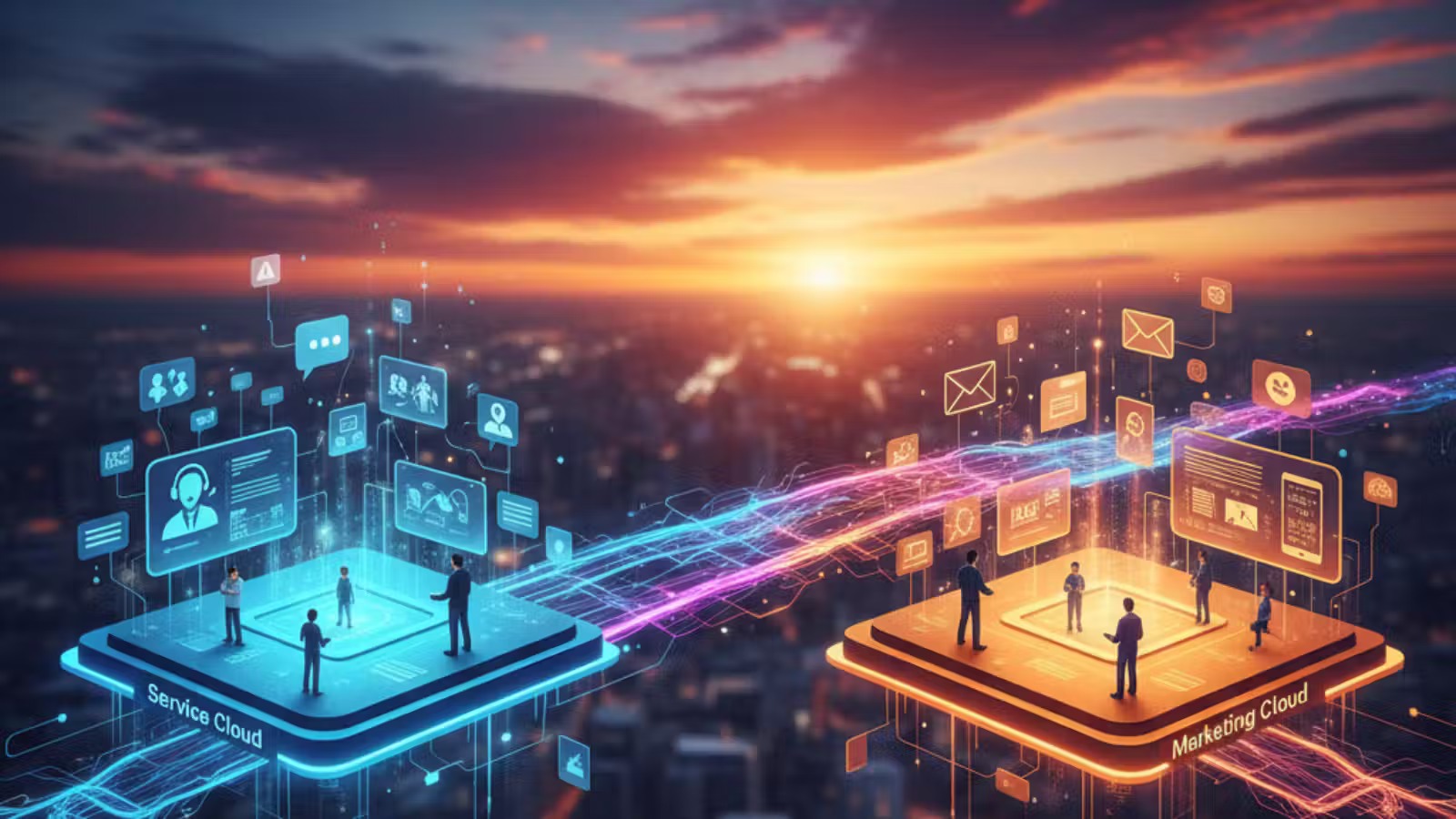Un ponte digitale collega due isole stilizzate, una blu per Service Cloud e una arancione per Marketing Cloud, simboleggiando l'integrazione. Persone interagiscono tra le isole con dati e grafici fluttuanti.