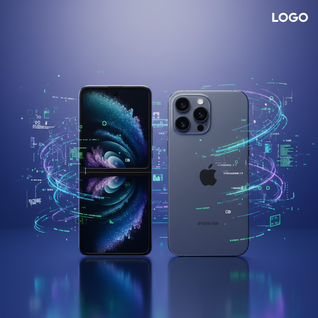 Due smartphone, un Samsung Galaxy Z Flip5 e un Apple iPhone 15 Pro Max, sono posizionati uno di fronte all'altro su uno sfondo blu intenso con riflessi digitali e linee di codice astratte che suggeriscono l'intelligenza artificiale.