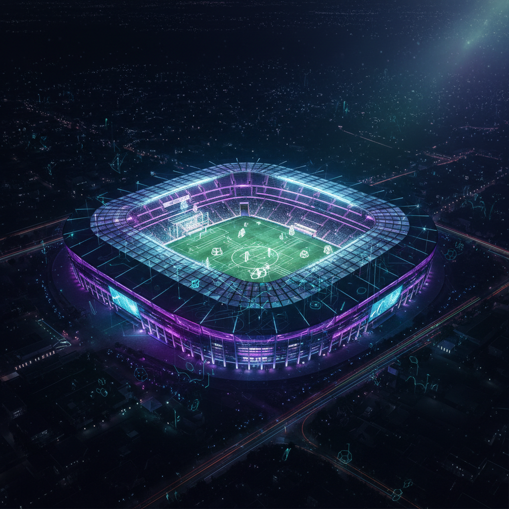 Vista stilizzata dello stadio Olimpico di Roma illuminato di sera con un campo da calcio visto dall'alto