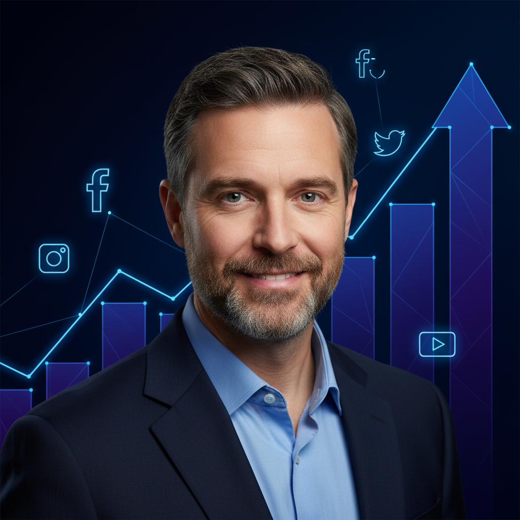 Ronan Harris in primo piano con uno sfondo stilizzato che rappresenta grafici di crescita e icone di social media, che simboleggiano la pubblicità digitale e il successo commerciale.