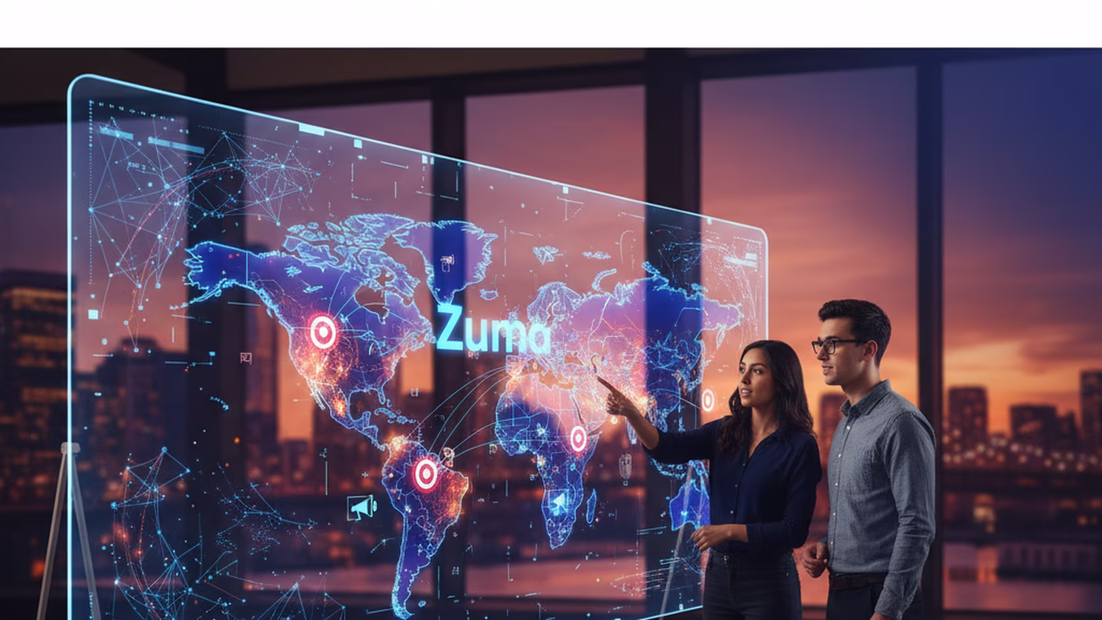 Vista dettagliata di un dispositivo mobile che mostra una mappa interattiva con punti di interesse localizzati e icone di campagna pubblicitaria, simboleggiando il targeting geografico avanzato di The Trade Desk Kokai con Zuma.