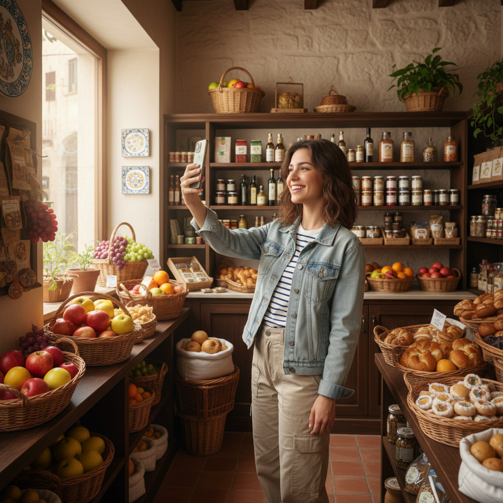 Giovane ragazza della Gen Z che usa uno smartphone per registrare un video in una bottega tradizionale, con prodotti artigianali sullo sfondo, illuminata da luce calda.