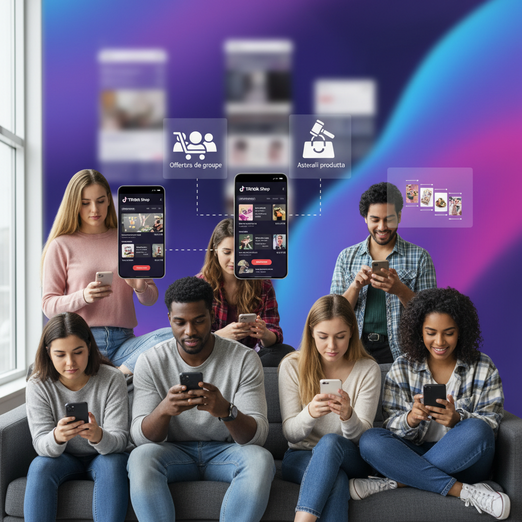 Uomini e donne in primo piano che utilizzano smartphone sorridendo, con un'interfaccia di TikTok Shop sullo schermo e icone di offerte e caroselli sullo sfondo digitale.