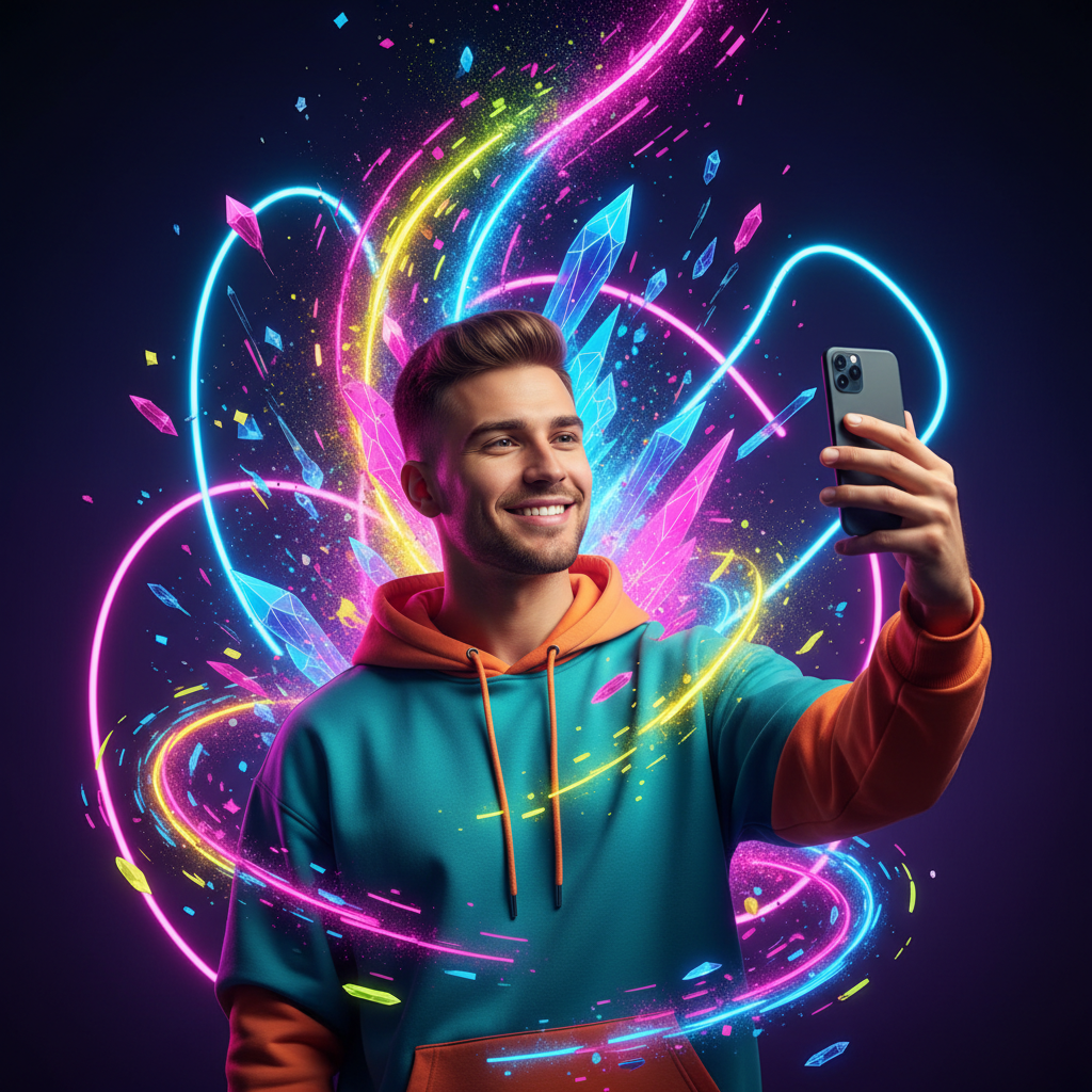 Un influencer felice crea contenuti video con lo smartphone, con il logo TikTok su sfondo colorato e dinamico che esprime energia