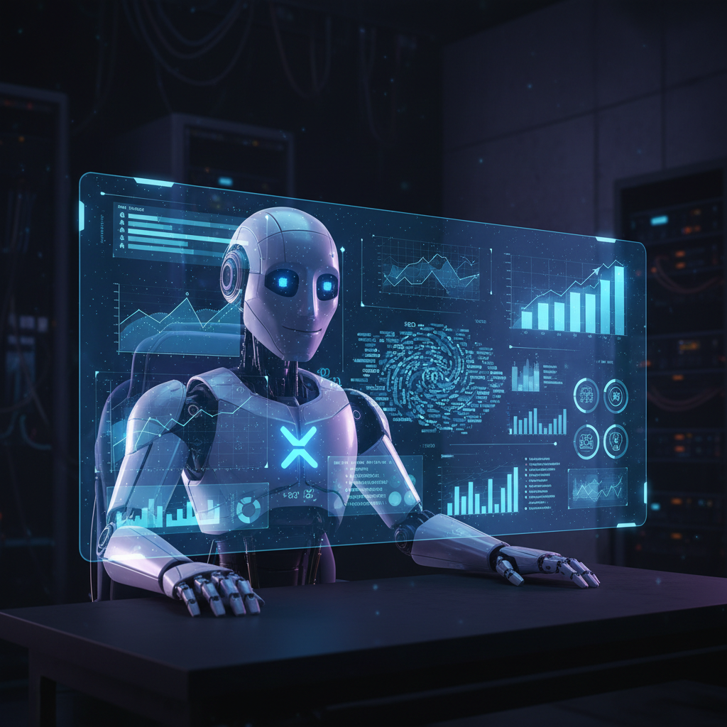Un robot AI stilizzato con il logo di X al centro, che analizza flussi di dati e simboli di conversazione su un display futuristico. Lo sfondo è un ambiente scuro con luci blu e viola.