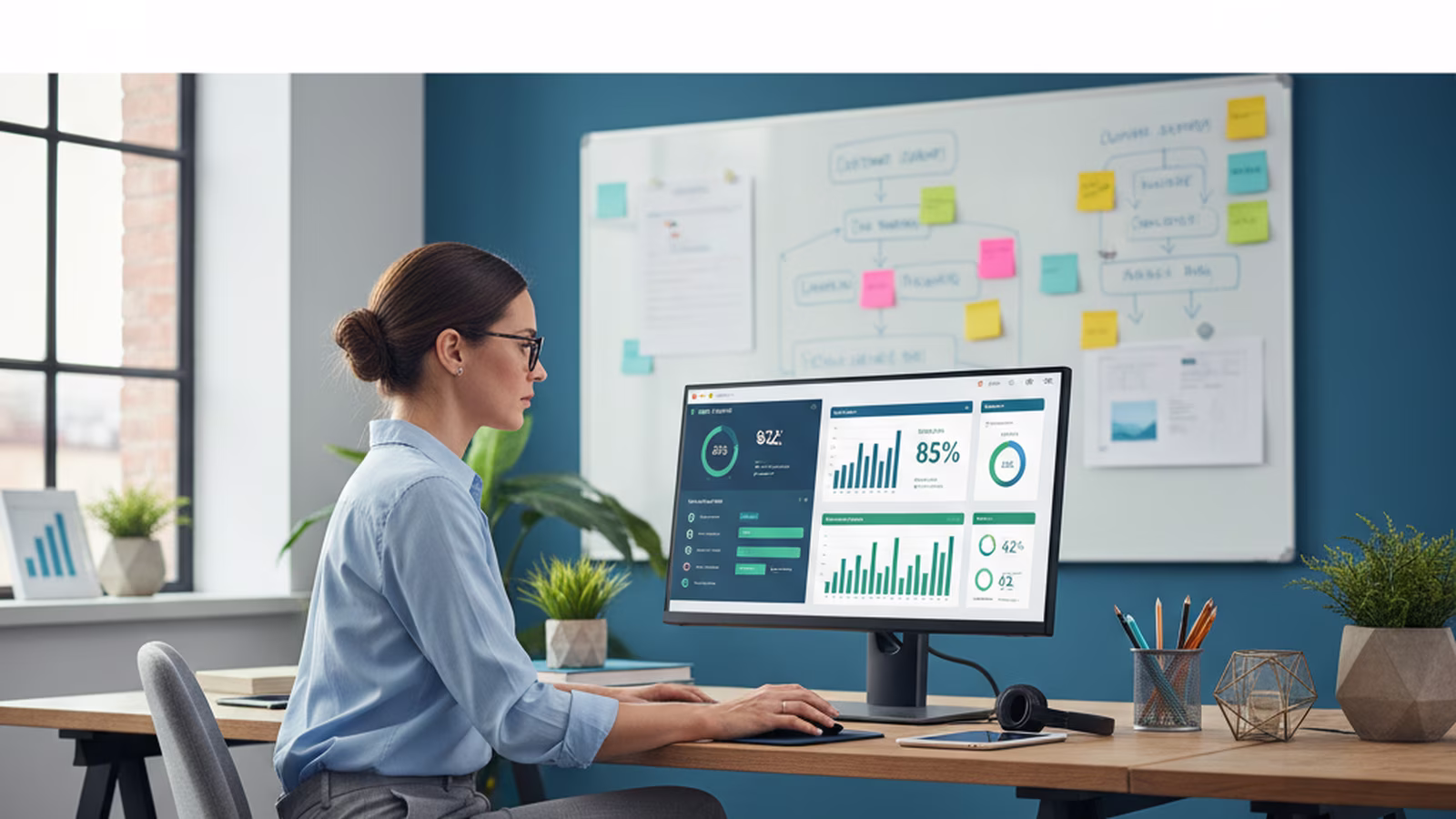 Un'analista di marketing con occhiali siede davanti a un monitor che mostra grafici e dati di performance del servizio clienti, con l'interfaccia di un software CRM sullo sfondo e una lavagna con post-it colorati.